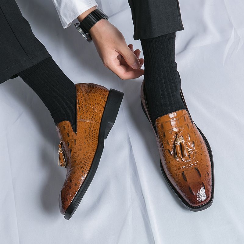 Oversized Slip-on Leather W Fringed Feet Loafers British Men's Crocodile Print Business Casual Bean Shoes_voghion.com