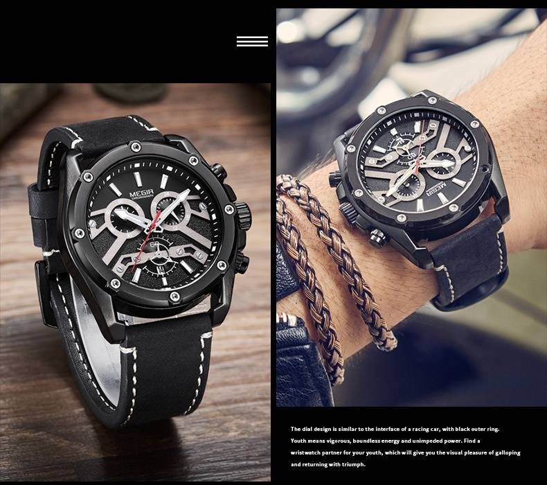 Orologio cronografo sportivo da uomo – Cinturino in vera pelle da 48 mm con lancette luminose e data (movimento al quarzo, resistente all'acqua)_voghion.com