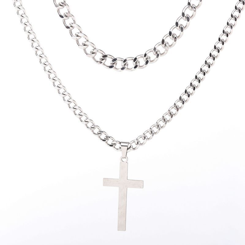 Hop Hip Stainless Steel Men's Twist Double Layer Cuban Chain Cross Non-Fading Necklace For Men_voghion.com