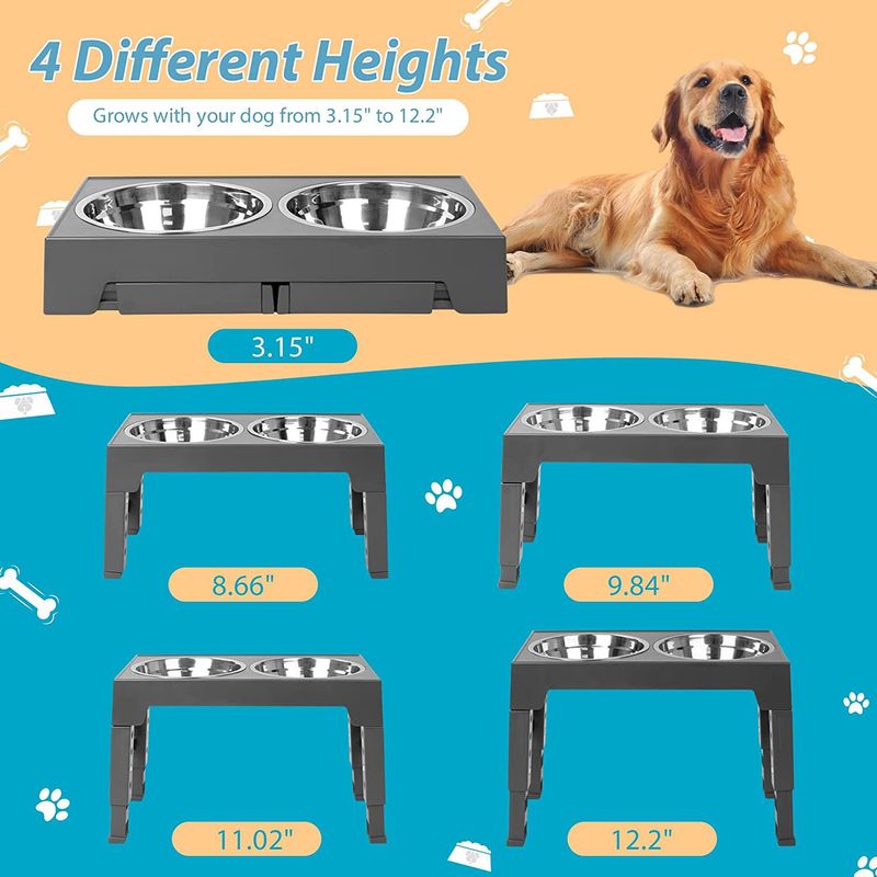 Slow Feeder Adjustable Height Table Cat Dog Neck Protection Stainless Steel Pet Elevated Double Bowl Stand_voghion.com