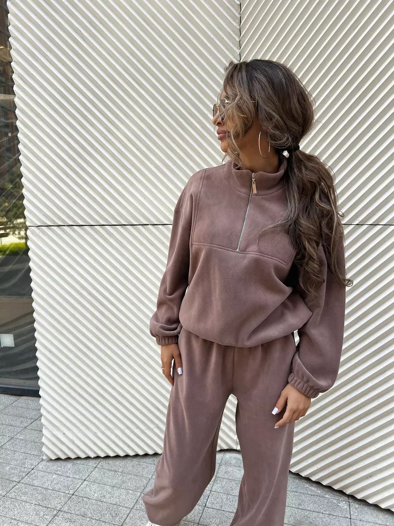 Lässiges Set aus Fleece-Kapuzenpullover und Jogginghose für Damen – locker sitzendes Sweatshirt mit Stehkragen und Hose mit elastischem Bund (Beige, Dunkelgrau, Khaki)_voghion.com