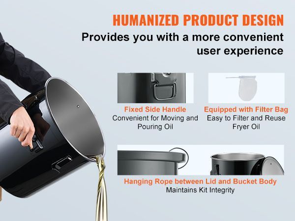 VEVOR Fryer Grease Bucket, 10 Gal Oil Disposal Caddy Stainless Steel Fryer Oil Bucket Rust-Proof Coating, Oil Transport Container With Lid, Lock Clips, Filter Bag For Hot Cooking Oil Filtering, Black_voghion.com