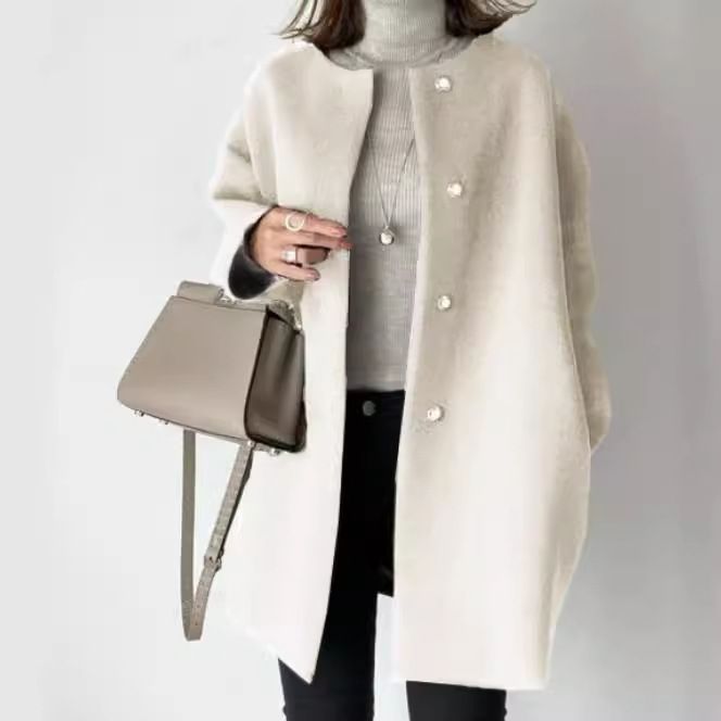 4-Color High-Quality Straight Tube For Women's Autumn And Winter Temperament, Solid Color Simple Woolen Coat Top_voghion.com