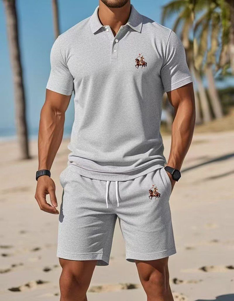 Men's Summer Slim-Fit Polo Shirt & Shorts Set - Breathable Mesh Short Sleeve Embroidered Casual Outfit (White/Navy/Orange/Black/Red/Teal/Army Green_voghion.com