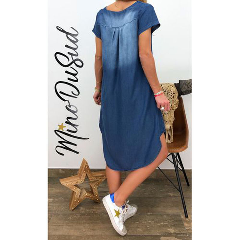Lässiges, einfarbiges, kurzärmeliges Jeanskleid mit V-Ausschnitt für Damen_voghion.com