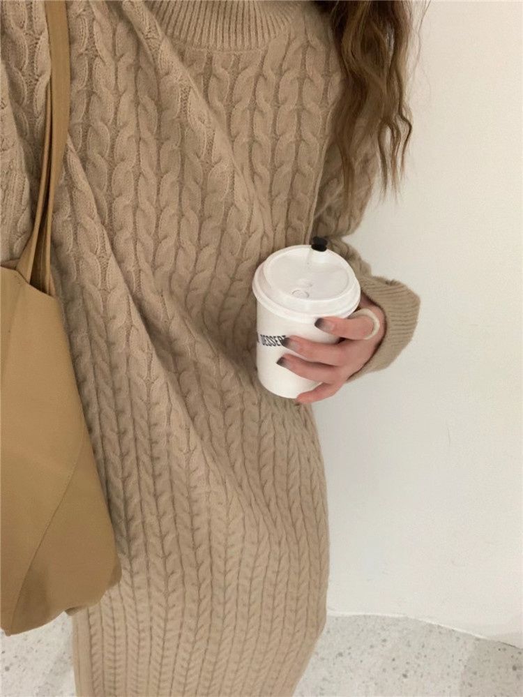 Maglione lungo sopra il ginocchio alla moda, stile coreano, con collo alto e trecce, per donna_voghion.com