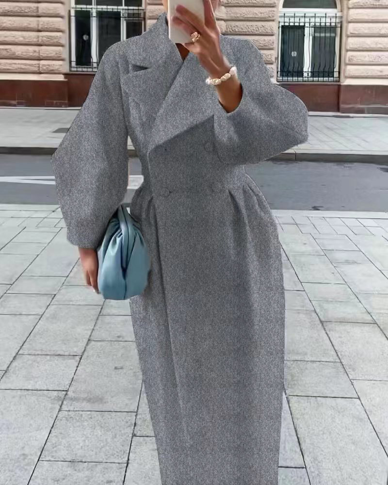 Manteau en laine pour femmes, coupe-vent intellectuel, poche, revers, couleur unie, manches lanternes, nouvelle collection hiver_voghion.com