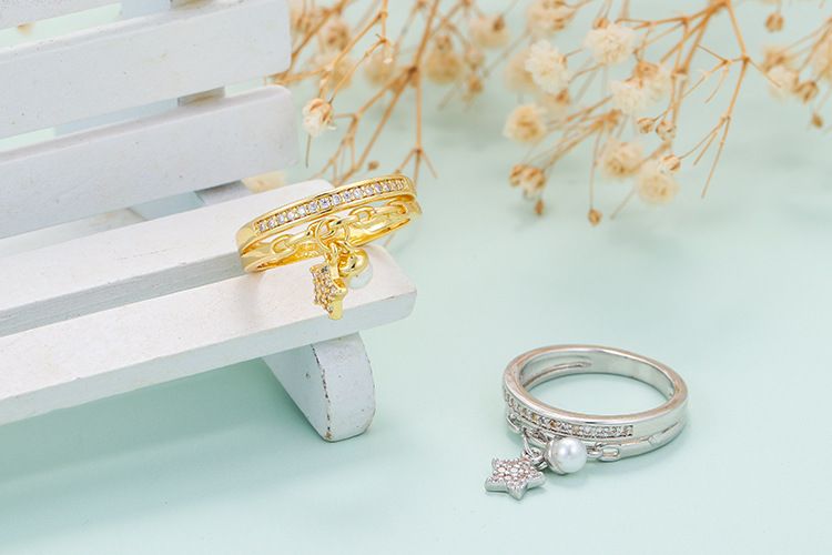 Sternring für Damen, doppellagiger offener Fünfsternring mit Diamanten, personalisierter modischer Handschmuck_voghion.com