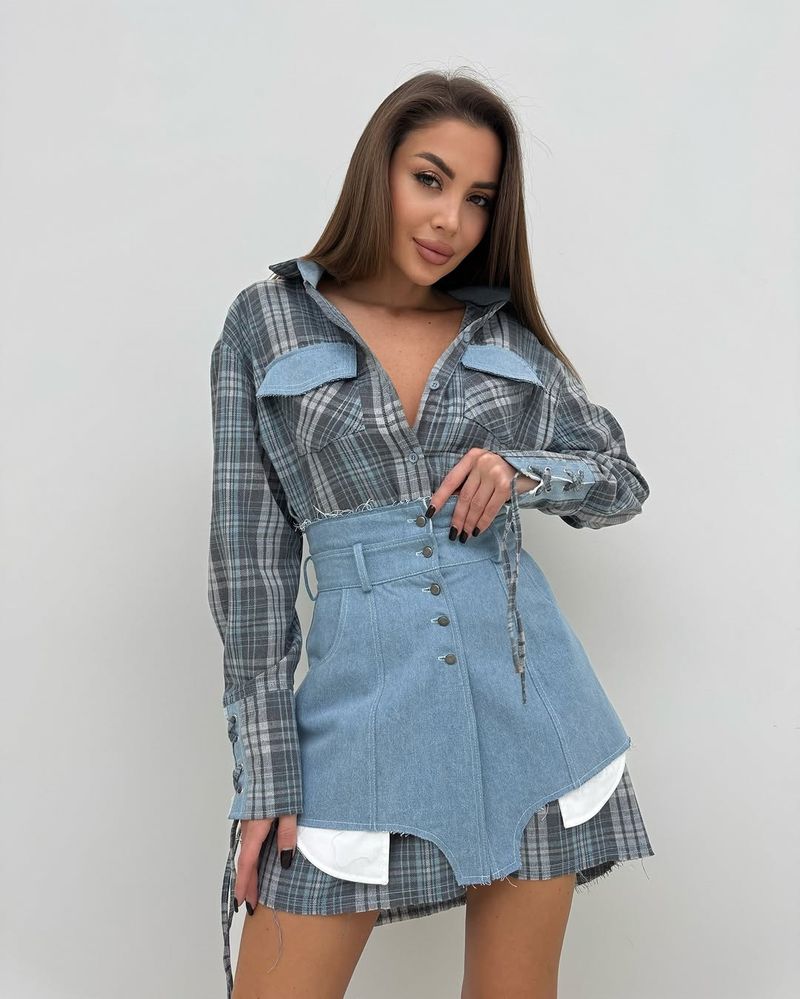 Europa și Statele Unite ale Americii femeilor 2025 primăvara și vara nouă modă rever culoare potrivire cămașă cu mânecă lungă rochie talie două piese set_voghion.com