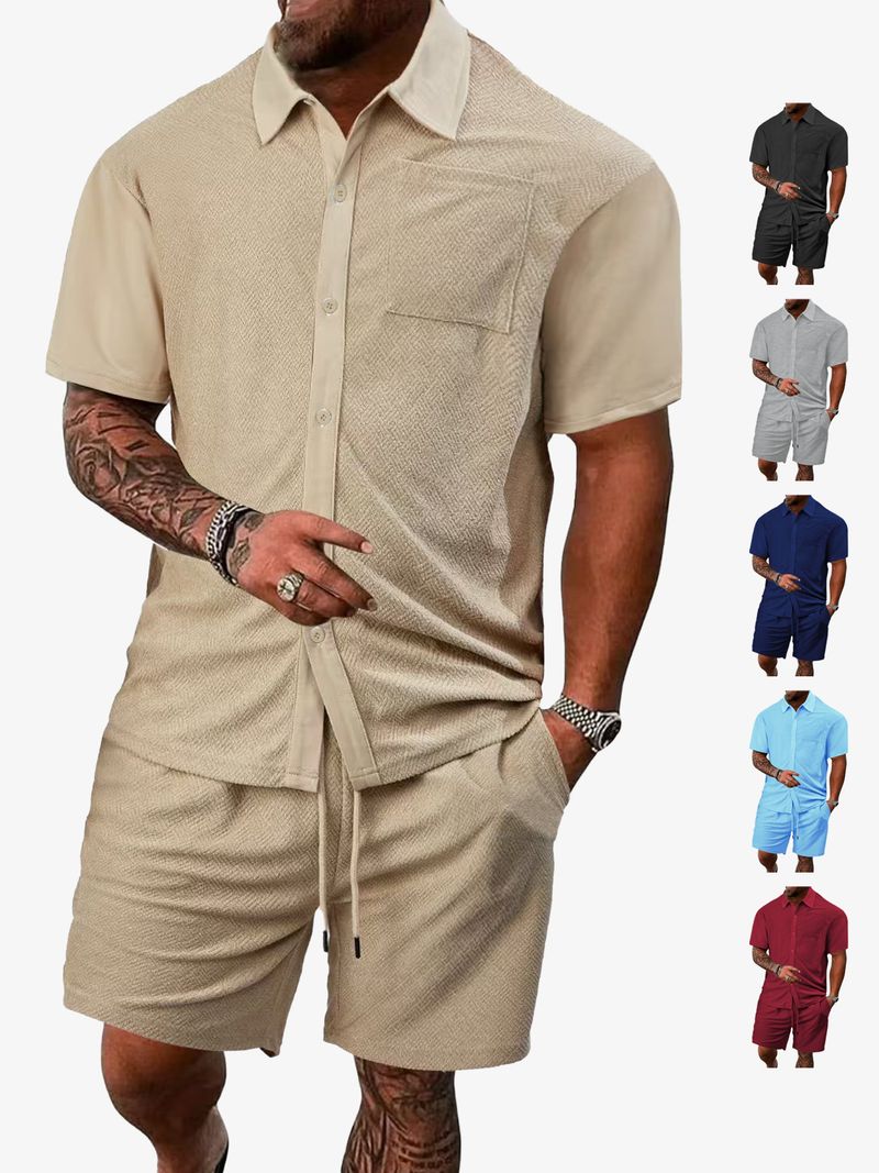 Men's Clothing New Casual Button Solid Color Cross Pattern Towel Jacquard Cloth Short Sleeved Shorts Suit_voghion.com