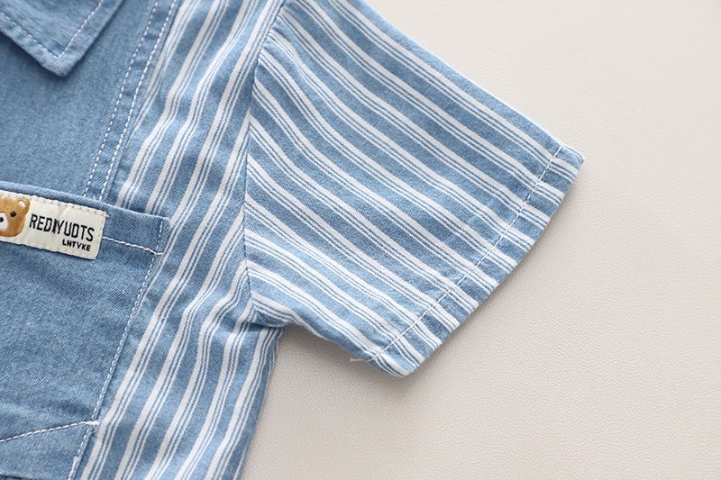 Grenzüberschreitender Außenhandel Kinderkleidung Jungenanzug Sommer Neu Gestreiftes, farblich passendes Jeanshemd Bequemer Anzug mit kurzen Ärmeln und Shorts_voghion.com