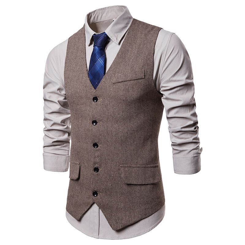Colete casual de espinha de peixe masculino, colete de terno com decote em V da moda masculina_voghion.com
