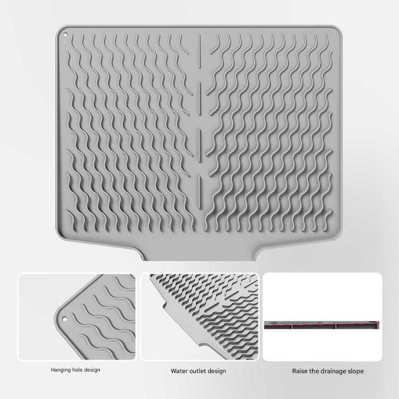 Tapete de secado y escurridor con diseño ondulado inclinado | Tapete de cocina antideslizante de silicona | Drenaje rápido | Protector para cafeteras, platos y encimeras_voghion.com