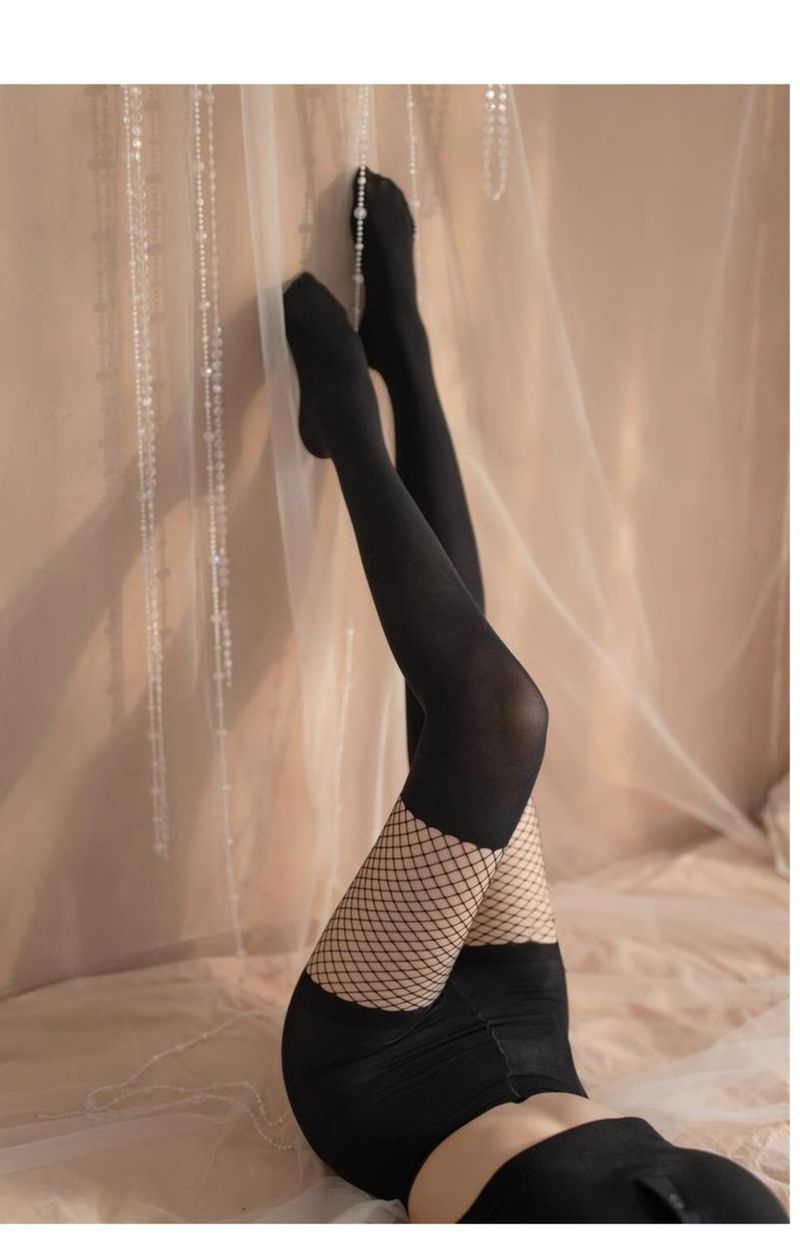 Medias de seda negras con parches de malla para seducir al marido, tentación, abiertas, de una pieza, sexys, íntimas, uniformes SM_voghion.com