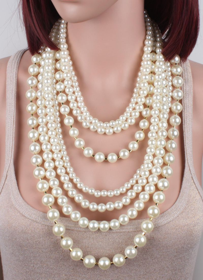 Ready Stock one set 7rows white ACRYLIC pearl round BEAD necklace earrings_voghion.com