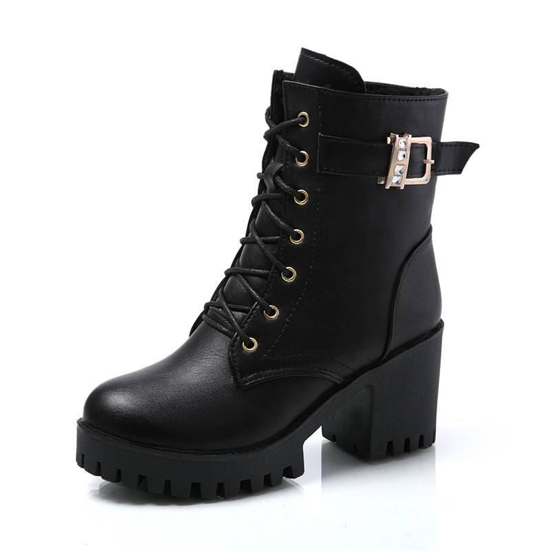 New winter Martens boots for women with round head thick soled waterproof platform high heels lace-up and fleece mid-calf boots_voghion.com
