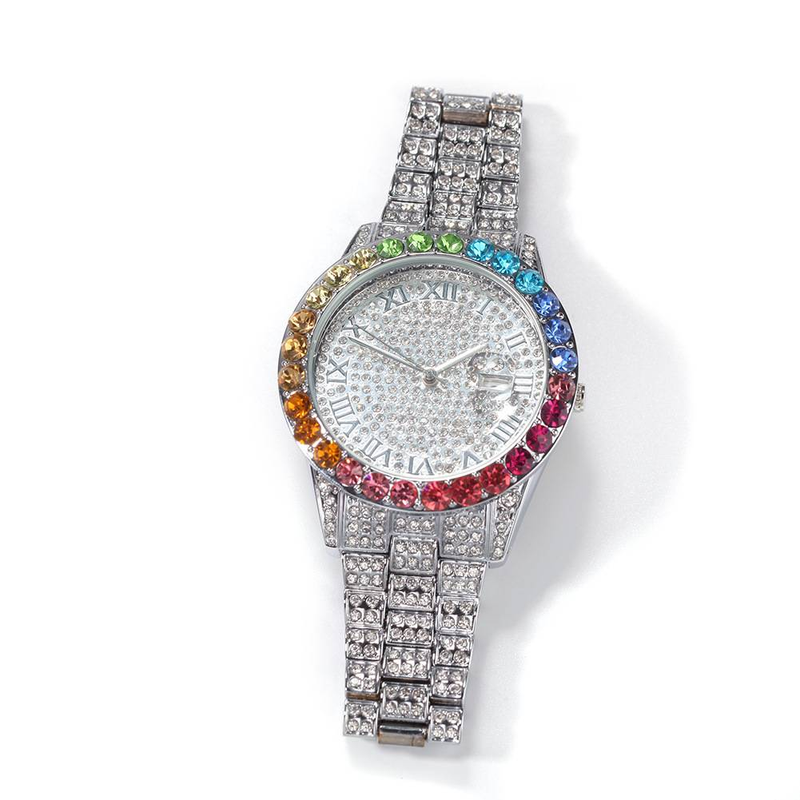 Casual Simple Watch Hip Hop Diamond Rainbow Gradient Calendar Quartz Watch_voghion.com