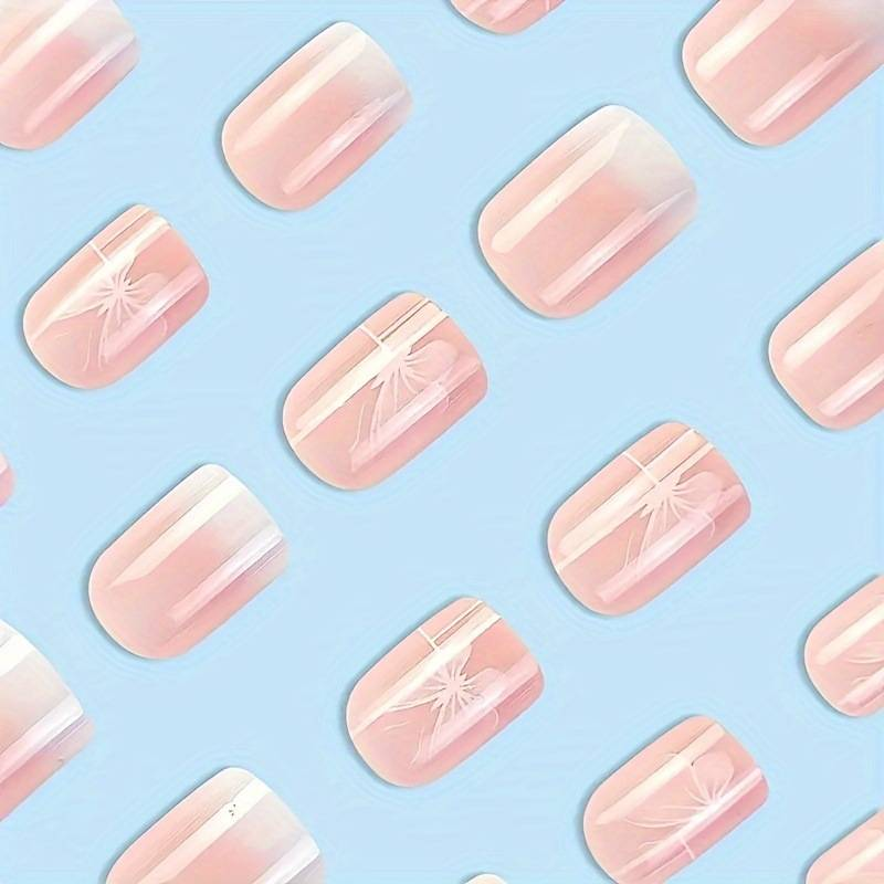 24 unghie finte corte quadrate - effetto farfalla bianco lucido con strisce, facili da applicare con colla e lima, vestibilità naturale per l'uso quotidiano_voghion.com