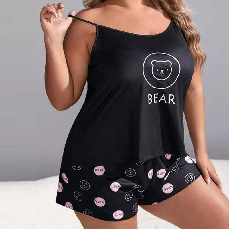 Pyjama décontracté grande taille pour femme - Débardeur et short sans manches à imprimé anime - Tissu en soie douce et laiteuse - Haute élasticité_voghion.com