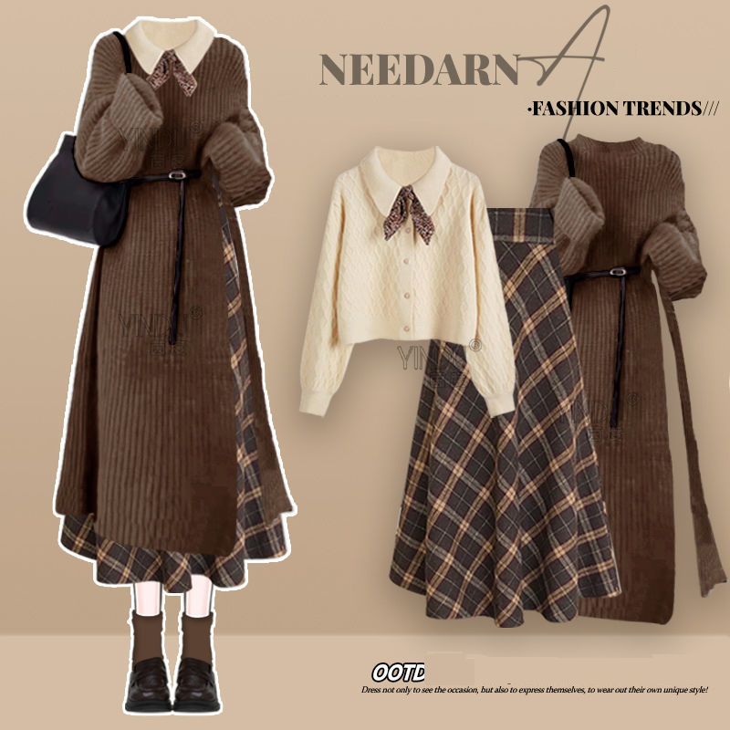 Modisches Winter-Outfit-Set für Damen – Strickpullover, Figurformendes Kleid und karierter Rock (3-teiliges Set)_voghion.com