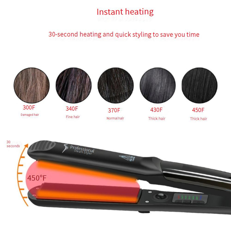 Professional Ceramic Tourmaline Flat Iron With Steam Spray & Dual Voltage (110-240V) – Straightener & Curler For All Hair Types (Black)_voghion.com