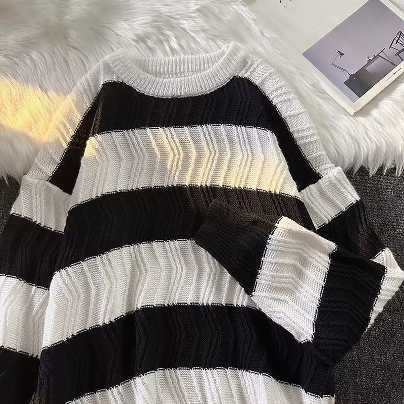 Men's Striped Knit Sweater – Oversized Crewneck Pullover With Contrast Color Blocking, Japanese Minimalist Style Casual Loose Fit_voghion.com