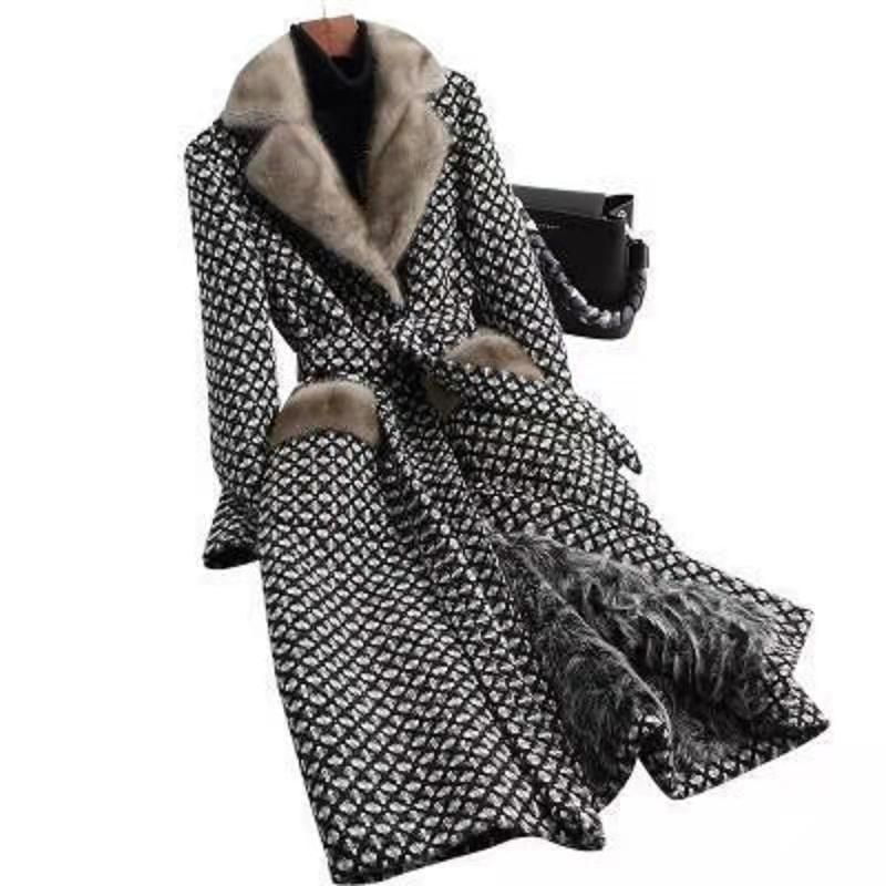 Cappotto invernale di lusso in pelliccia di visone con rivestimento esterno in tweed - Parka caldo alla moda di media lunghezza da donna (S-3XL)_voghion.com