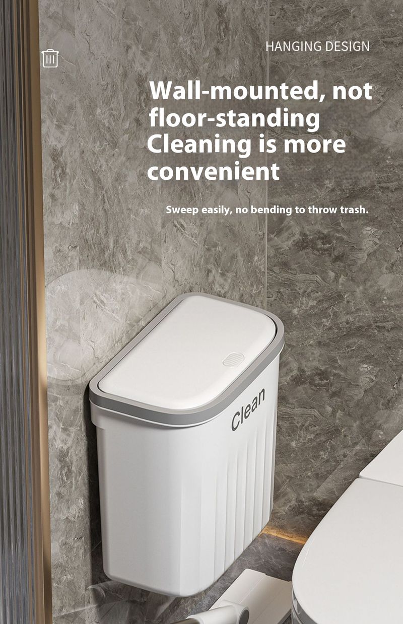 Space-Saving Wall-Mounted Trash Bin With Press Lid – 12L/16L Bathroom & Kitchen Waste Basket (Odor-Proof, Durable Plastic, Modern Grey/White)_voghion.com