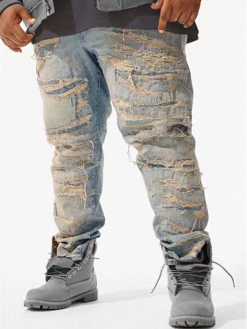 Premium Plus Size Herenjeans - Vintage Distressed Washed Skinny Fit Rechte Spijkerbroek Voor Urban Streetwear_voghion.com