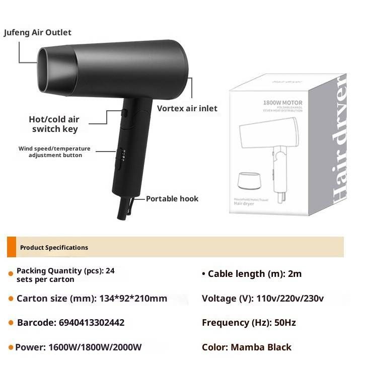 1800W Professional Hair Dryer – Negative Ion Technology, 4 Heat/Speed Settings, Foldable Handle, Overheat Protection, Concentrator Nozzle_voghion.com