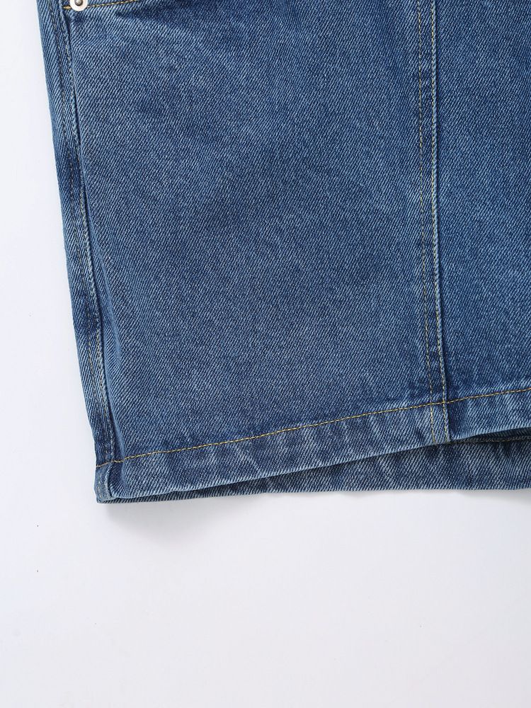 Damenbekleidung Kurzes Jeanshemd Zweireihiger Jeansrock Hosenanzug_voghion.com
