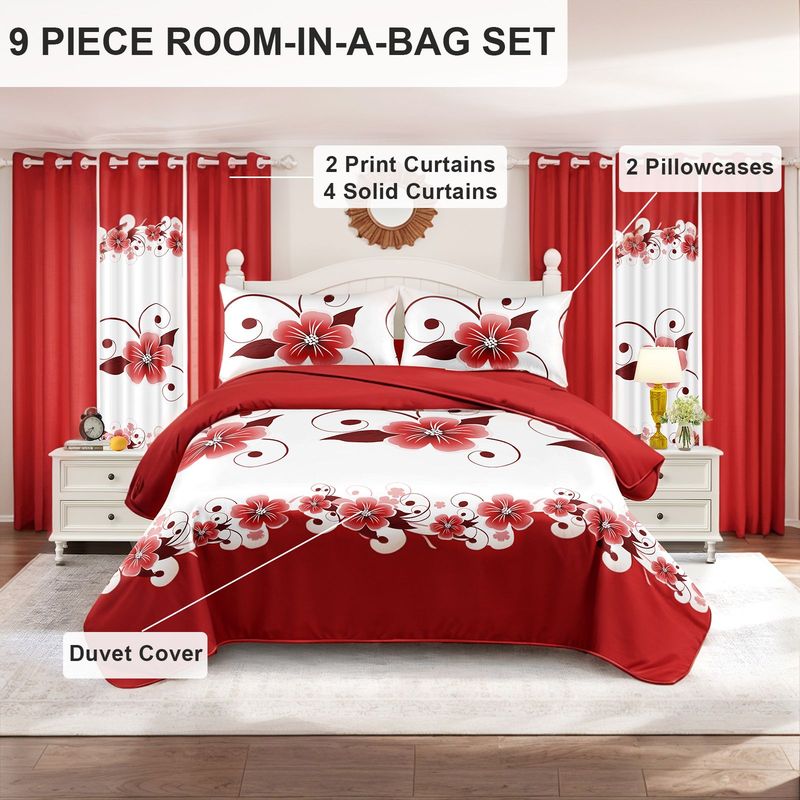 9 Piece Soft All-Season Washed Microfiber Cover Set , Queen/King Bedding Set With Zipper Closure, Sheet, Pillowcases,Shams & Curtains, Print, Moisture-Wicking, Soft ,Cooling, Breathable, Easy Care_voghion.com