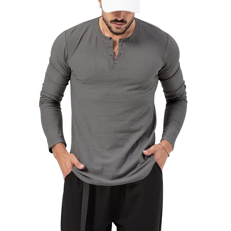 Unschlagbare Qualität 2025 Langarm-T-Shirt Rundhalsausschnitt Einfarbig Button-Down Henley Casual Sports Base Shirt Herrenbekleidung_voghion.com