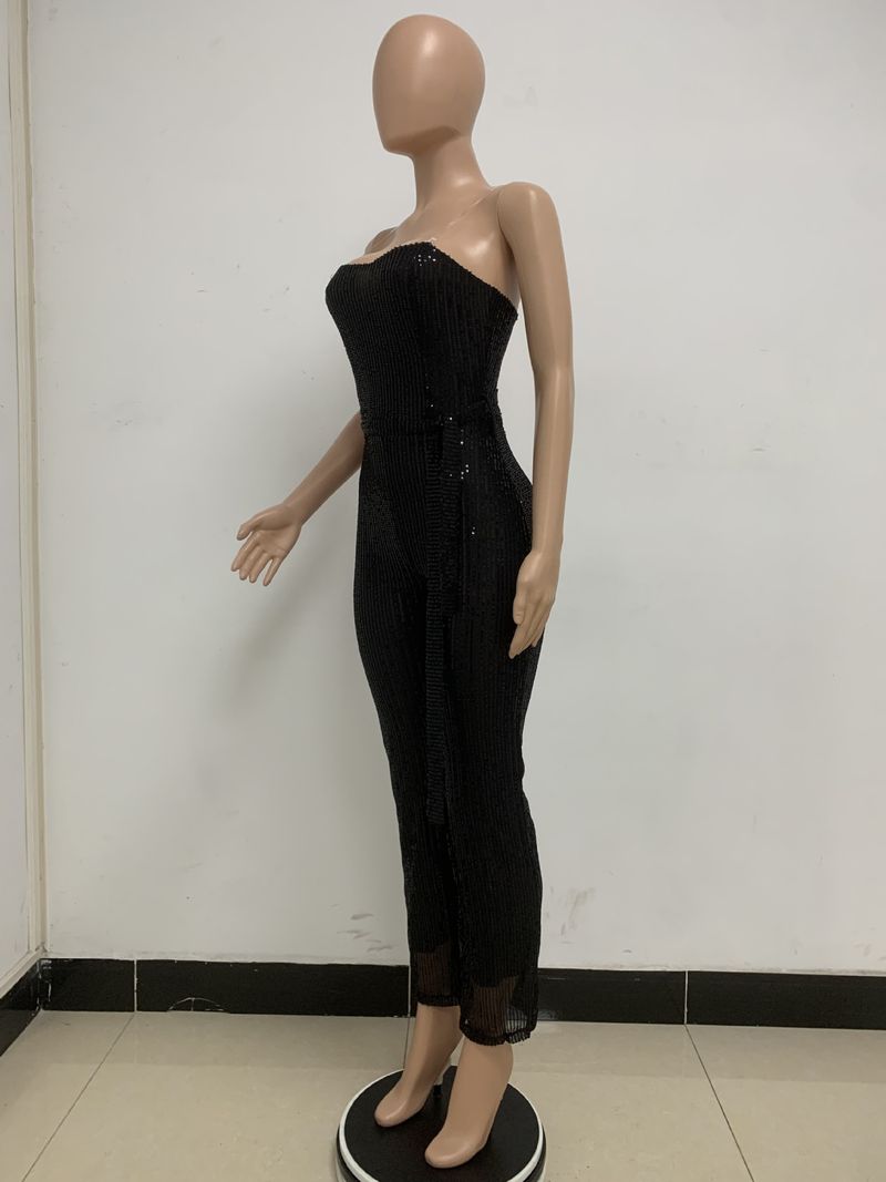 Dametøj Ærmeløs pailletterbæltejumpsuit ensfarvet tubetop rygløs jumpsuit_voghion.com