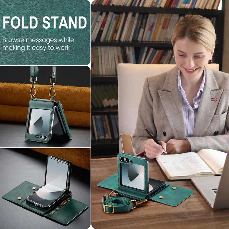 Serie M5 adatta per Samsung Z Flip6 borsa a tracolla con cerniera custodia in pelle per telefono cellulare Z Flip6 custodia protettiva a portafoglio a tre ante_voghion.com