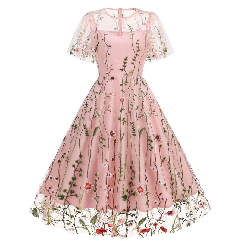 Rundhalsausschnitt, kurzärmeliges Kleid mit schwerer Netzstickerei, 8235 Farbe hinzugefügt_voghion.com