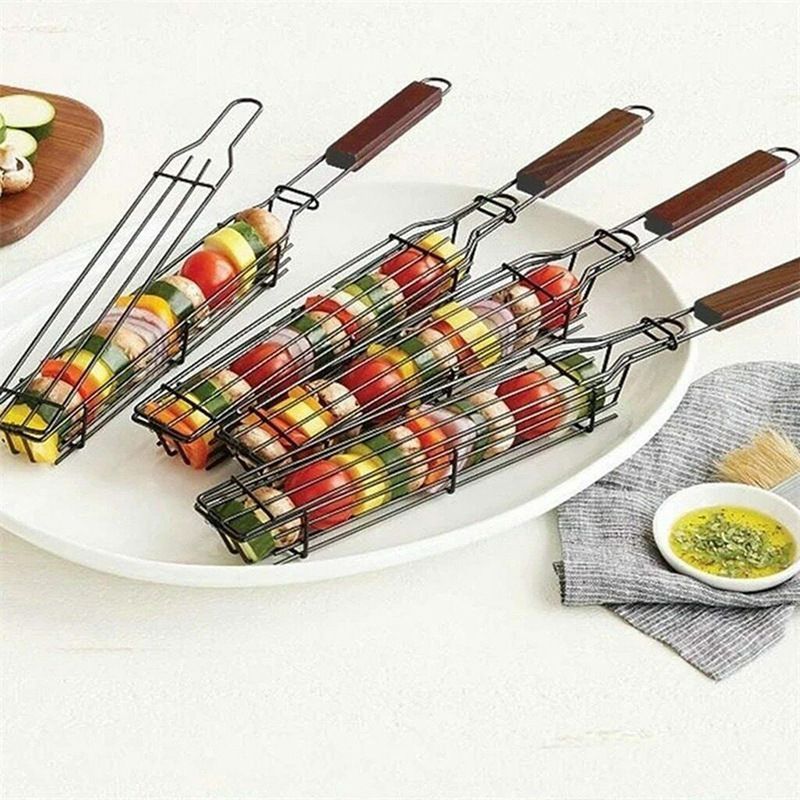 2PC Barbecue Basket Bar Shape Iron And Wood Skewer 45cm Basket Outdoor Barbecue Utensils Portable Kabob BBQ Grilling Basket BBQ Tools_voghion.com