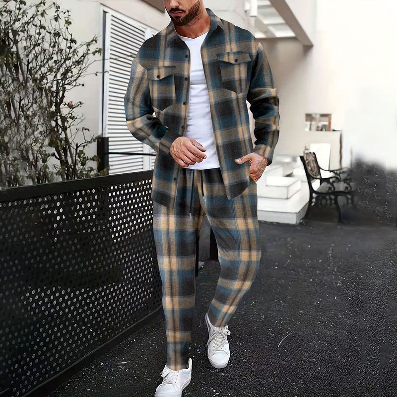 Neues Herren-Set mit kariertem Langarmhemd und Hose im Herbstlook – sportlich-lässig_voghion.com