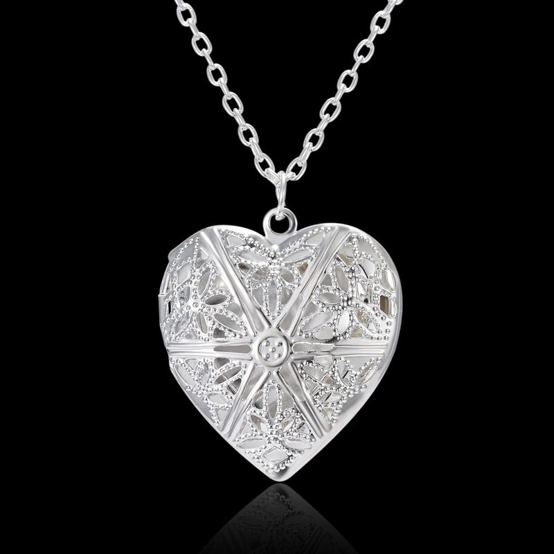 New Carved Peach Heart Openable Frame Box Photo Pendant Necklace For Women Silver Plated_voghion.com