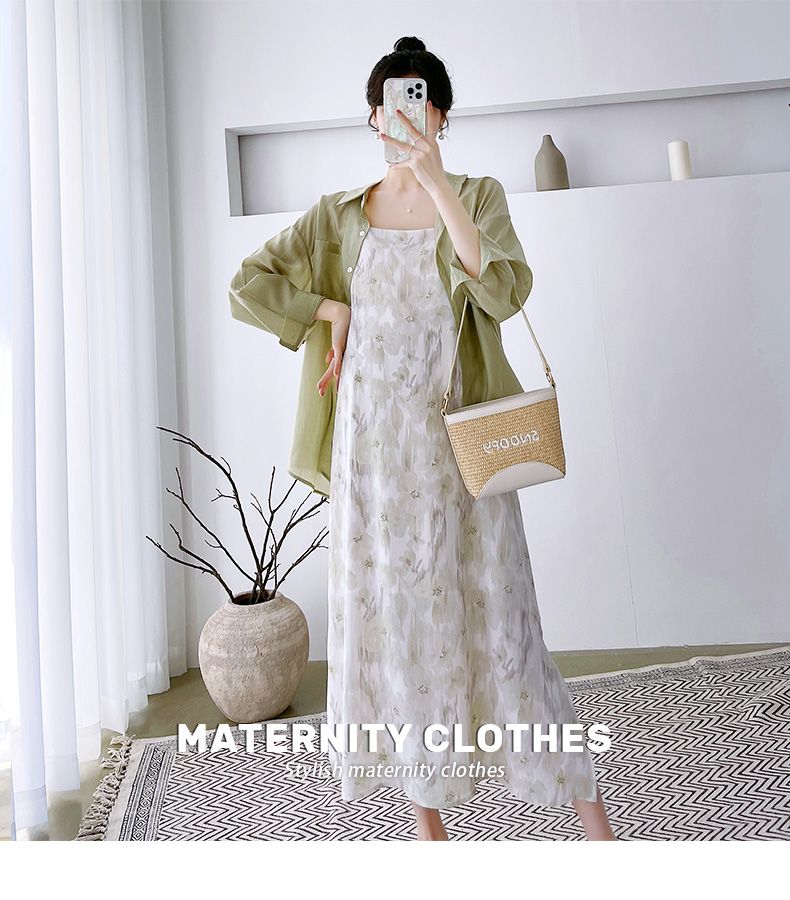 Completo da donna incinta, abito in chiffon con gonna e bretelle, camicia in tencel, abbigliamento con protezione solare, set due pezzi primaverile_voghion.com