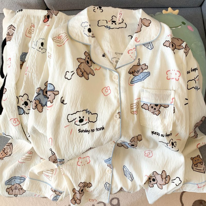 【Cloud Cotton】 Lustiger großer Hundepyjama für Damen im Frühlings- und Herbststil, lange Ärmel, süßes zweiteiliges Set für Mädchen_voghion.com