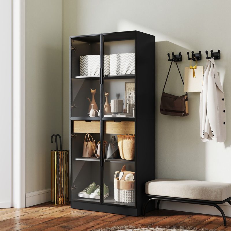 Display Cabinet With Glass Doors, Tall Storage Cabinet With 3 Color Lights, Curio Display Case With 4-Tier Storage Shelves And Drawer For Collectibles, Living Room, Home Office_voghion.com