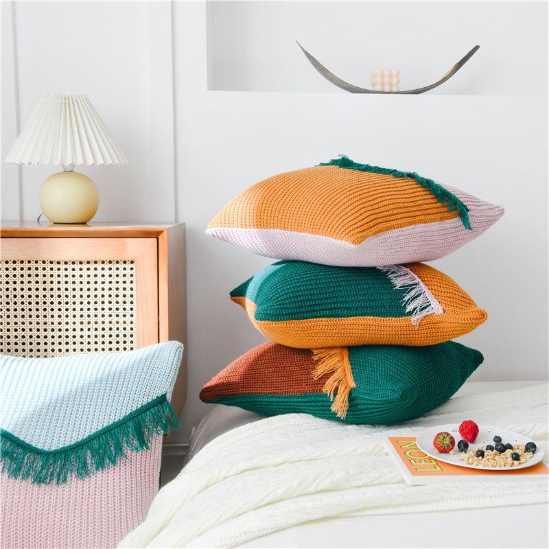 Neuer modischer, gestrickter, garngefärbter Hahnentrittmuster-Plaid-Quasten-Modell-Sofakissen-Kissenbezug im nordischen Stil_voghion.com