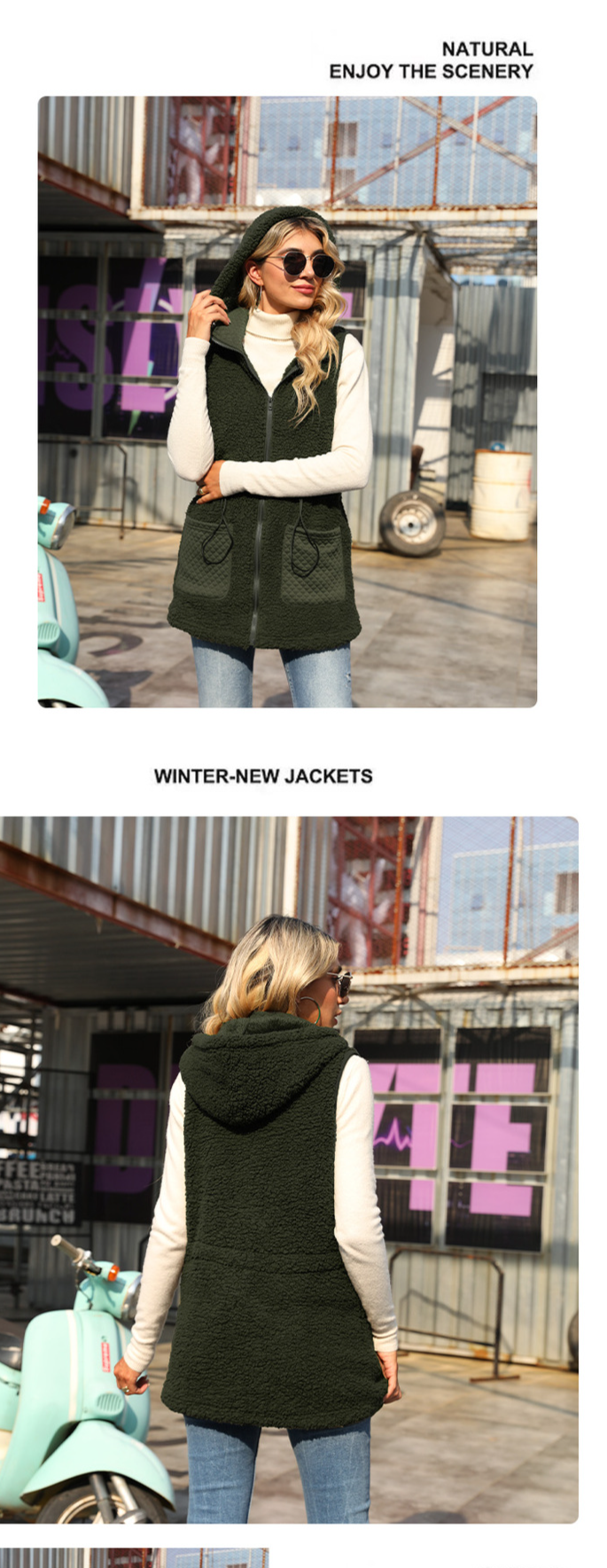 Gilet polaire mi-long à capuche sans manches pour femme, couleur unie, avec fermeture éclair, taille réglable_voghion.com