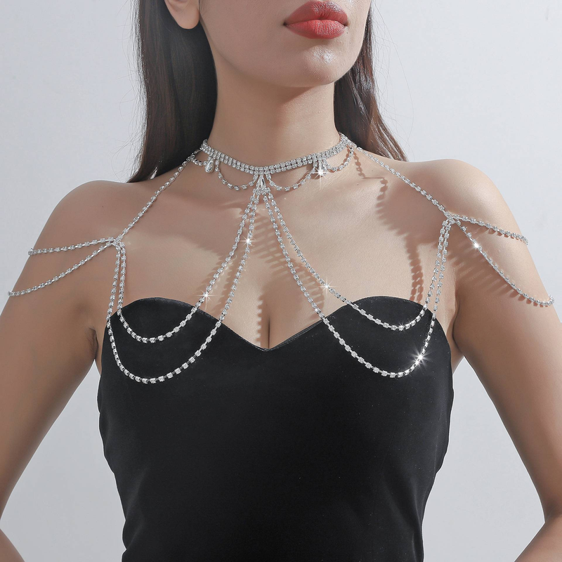 New Fashion Sparkling Diamond Water Drop Zircon Tassel Chest Chain Dinner Shoulder Chain Necklace Body Chain Water Diamond Chain Women's Accessori_voghion.com