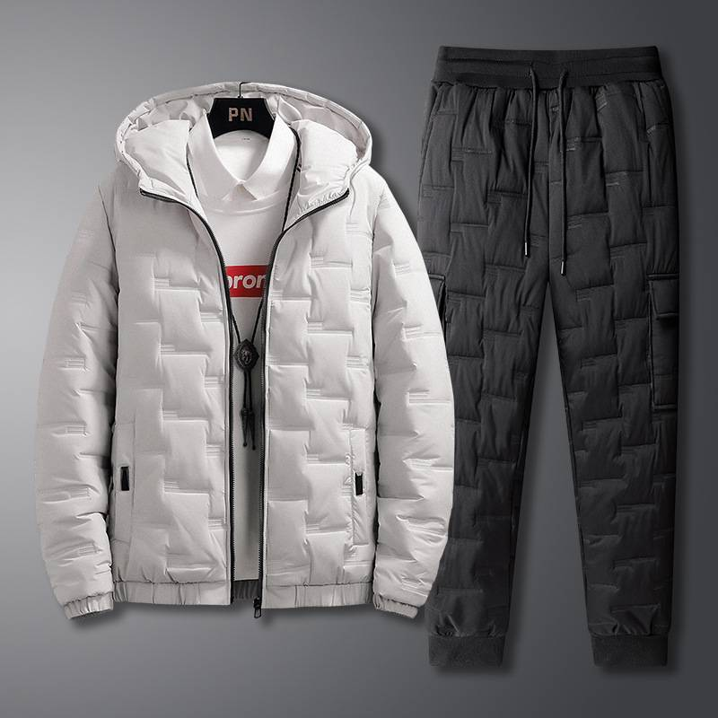 Herrenbekleidung neu 2024 lässiger sportlicher Baumwollanzug Herrenjacke aus Baumwolle mit Kapuze Arbeitskleidung Taschen-Baumwollhose zweiteiliger Anzug_voghion.com