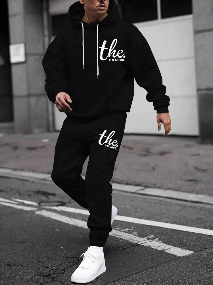 Conjunto de sudadera y jogger estampado para hombre, chándal de invierno con forro polar grueso, ropa deportiva informal de dos piezas_voghion.com