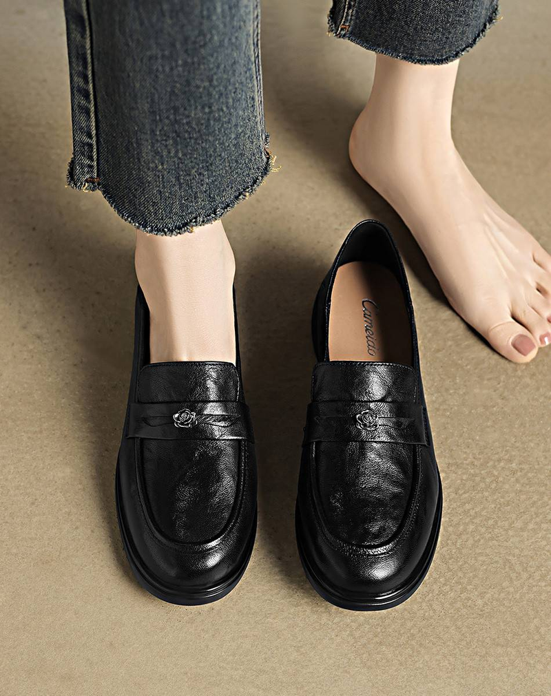 【Handgeschöpftes Lammleder, weiche Sohle und weiches Obermaterial】 Britische Loafer von Cameido für Damen, tiefe Slipper mit niedrigem Absatz für den Herbst_voghion.com