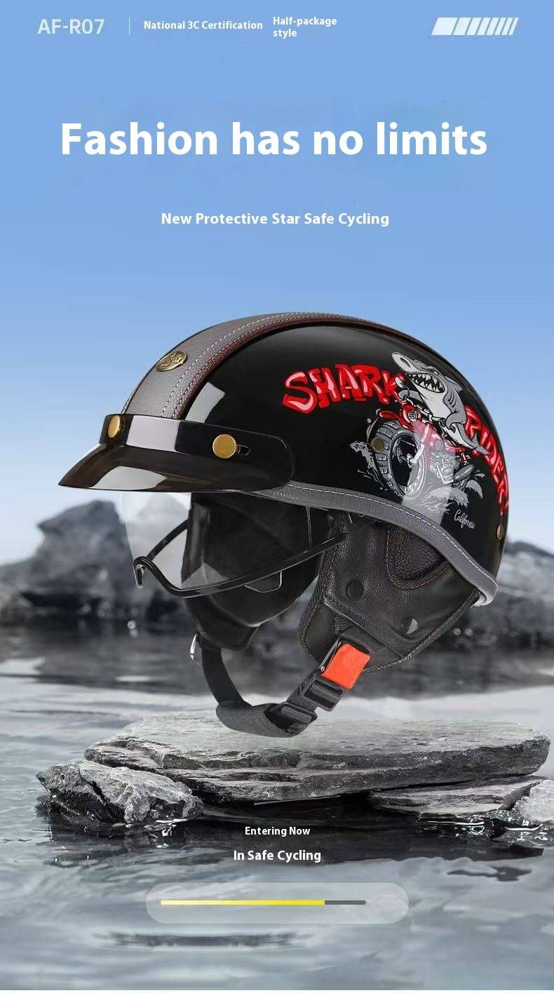 Retro-Motorradhelm, ABS-Halbschale im Vintage-Stil – Hai- und Dämonen-Design, mehrere Linsenoptionen_voghion.com
