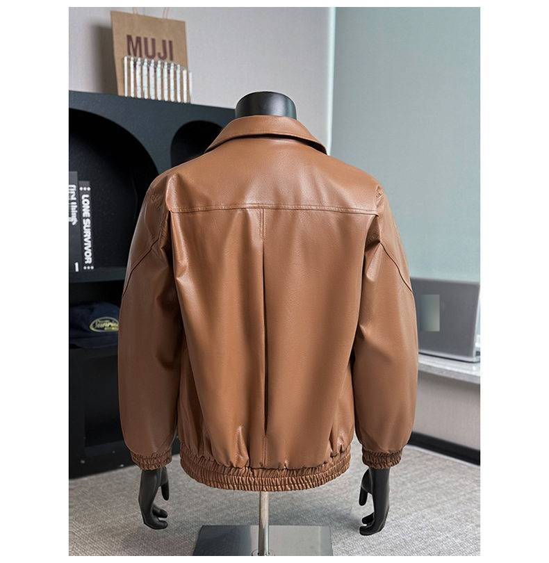 Herren-Vintage-PU-Lederjacke – Locker sitzender Mantel im Biker-Stil mit Stehkragen, winddichte Unisex-Oberbekleidung für den Herbst (Schwarz/Braun/Elfenbein)_voghion.com